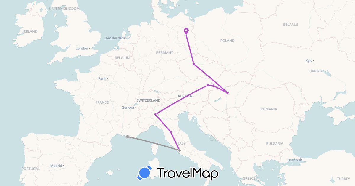 TravelMap itinerary: driving, plane, train in Austria, Czech Republic, Germany, France, Hungary, Italy, Slovakia (Europe)